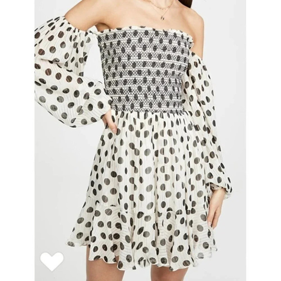 Anthropologie Rocco sand polka dot mini off shoulder smocked dress  black white - Picture 2 of 13